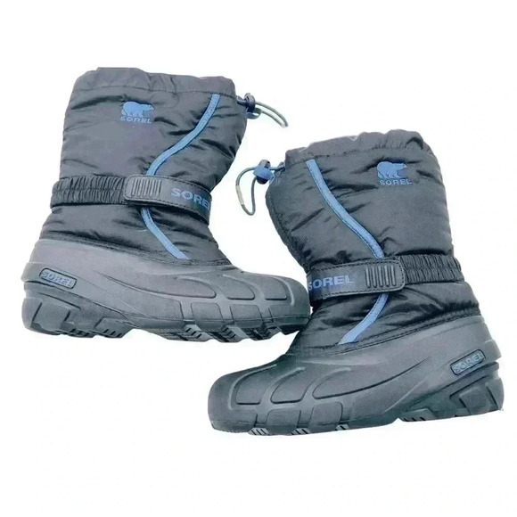 SOREL BIG KIDS WATERPROOF SNOW BOOTS BLACK/BLUE SIZE4 PREOWNED GREAT CONDITION - Picture 1 of 9